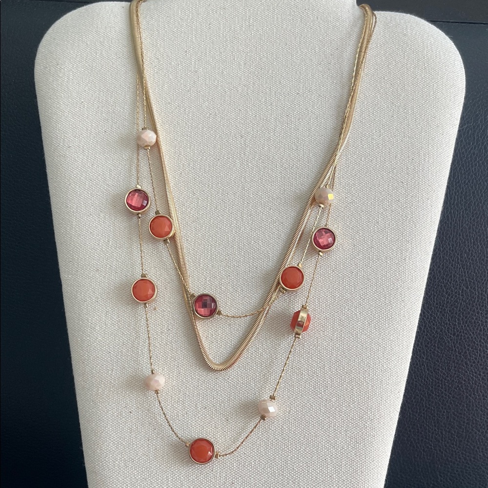 Gold Multi-Strand Necklace with Coral and Pink Gem Accents